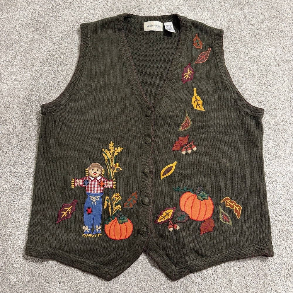 Vintage Lemon Grass Cardigan Sweater Vest Womens 1X Green Autum Fall Harvest 90s